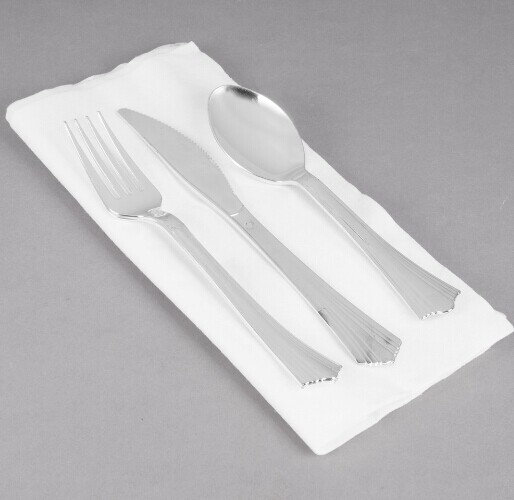 EaMaSy Party   17" x 17" Pre-Rolled Linen-Feel White Napkin and Silver Heavy Weight Plastic Cutlery