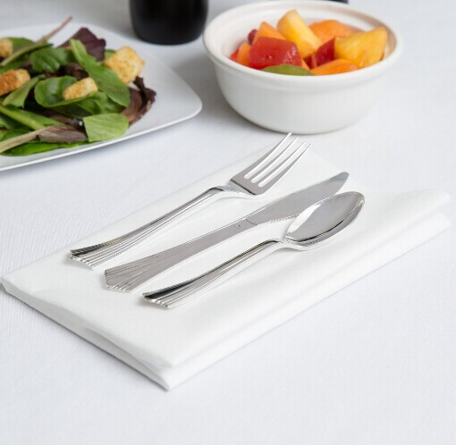 EaMaSy Party   17" x 17" Pre-Rolled Linen-Feel White Napkin and Silver Heavy Weight Plastic Cutlery