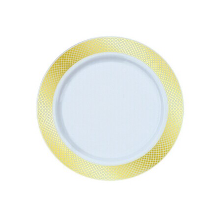 EaMaSy Party 6'' White Plastic Plate with Gold Lattice Design