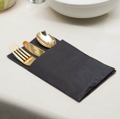 EaMaSy Party Visions Gold Heavy Weight Plastic Cutlery Set with Black Pocket Fold Napkin