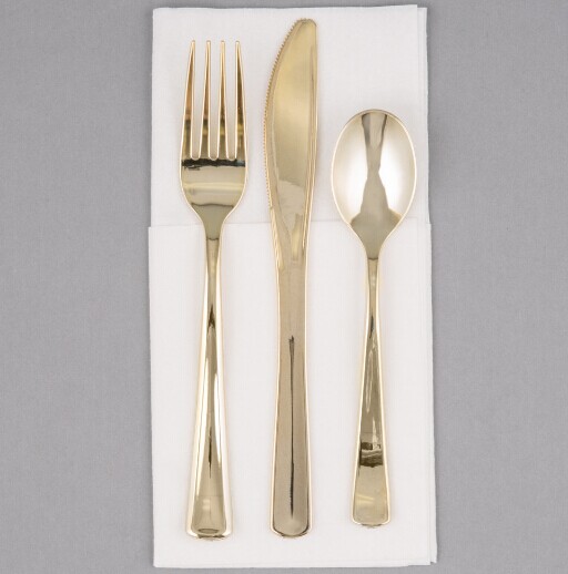 EaMaSy Party Visions Gold Heavy Weight Plastic Cutlery Set with White Linen-Feel Napkin