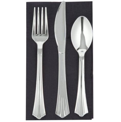 EaMaSy Party Visions Silver Heavy Weight Plastic Cutlery Set with Black Pocket Fold Napkin