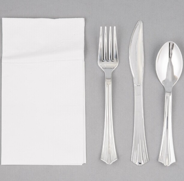 Visions Heavy Weight Elegant Gold Cutlery Set with White Linen-Feel Pocket  Fold Dinner Napkin - 50/Case