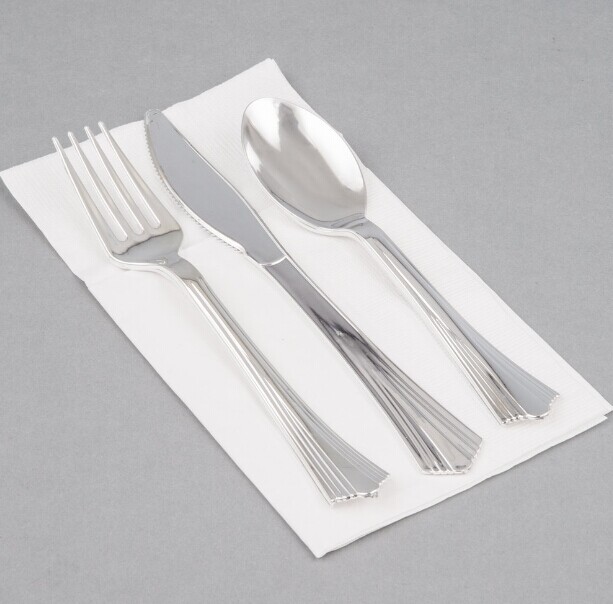 Visions 18 x 15 1/2 Pre-Rolled Linen-Feel White Napkin and Classic Heavy  Weight Gold Plastic Cutlery Set - 100/Case