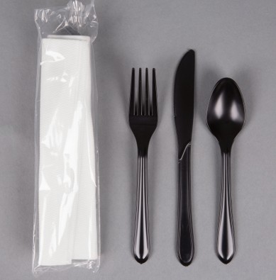 EaMaSy  Party   Wrapped 17" x 17" Linen-Like White Napkin and Black Heavy Weight Plastic Cutlery Set