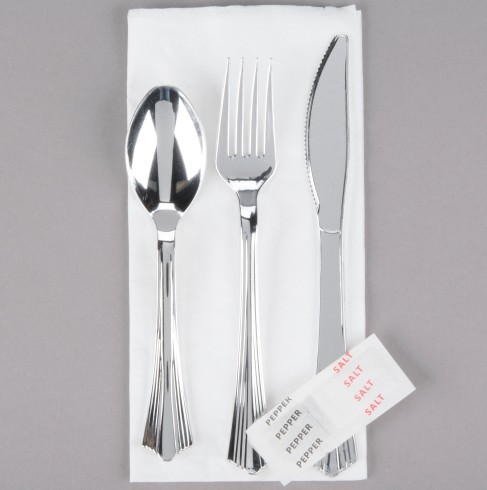 EaMaSy  Party   Wrapped Silver Heavy Weight Plastic Cutlery Set with Napkin & Salt & Pepper Packets