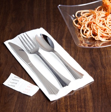EaMaSy  Party   Wrapped Silver Heavy Weight Plastic Cutlery Set with Napkin & Salt & Pepper Packets