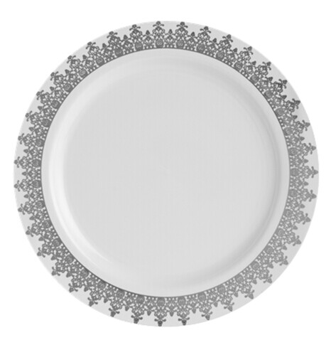 EASY PARTY 10.25" Ornament White With Silver Design Dinner Plates