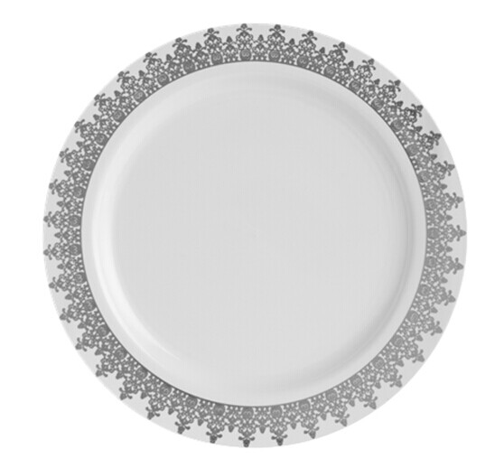 EASY PARTY  7.5" Ornament Plastic White With Silver Design Salad Plates