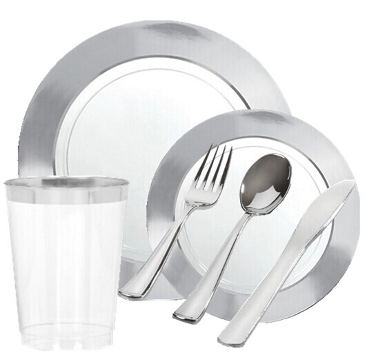 EASY PARTY White Silver Border Premium Tableware - Grand Wedding Package