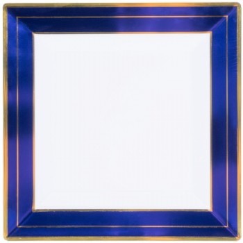 EaMaSy Party 10''Square White Plastic Plate with Blue Rim and Gold Bands