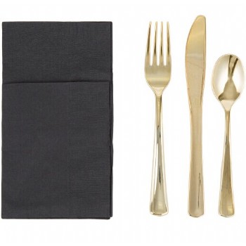 EaMaSy Party Visions Gold Heavy Weight Plastic Cutlery Set with Black Pocket Fold Napkin