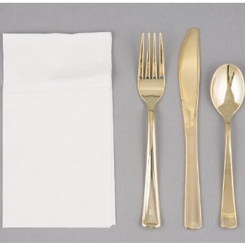 EaMaSy Party Visions Gold Heavy Weight Plastic Cutlery Set with White Pocket Fold Napkin