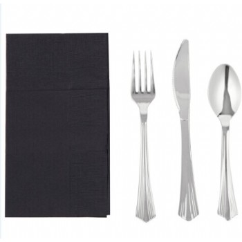 EaMaSy Party Visions Silver Heavy Weight Plastic Cutlery Set with Black Pocket Fold Napkin