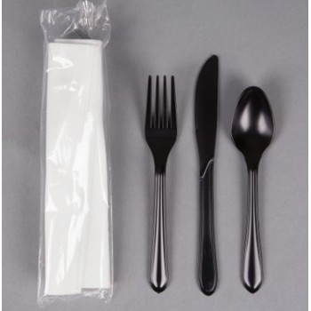 Visions Heavy Weight Black Wrapped Plastic Cutlery Pack with Napkin -  500/Case