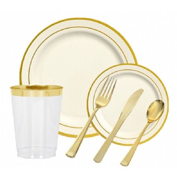 EASY PARTY Bone With Gold Edge Tableware - Grand Wedding Package