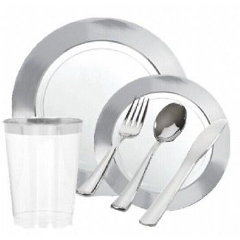 EASY PARTY White Silver Border Premium Tableware - Grand Wedding Package